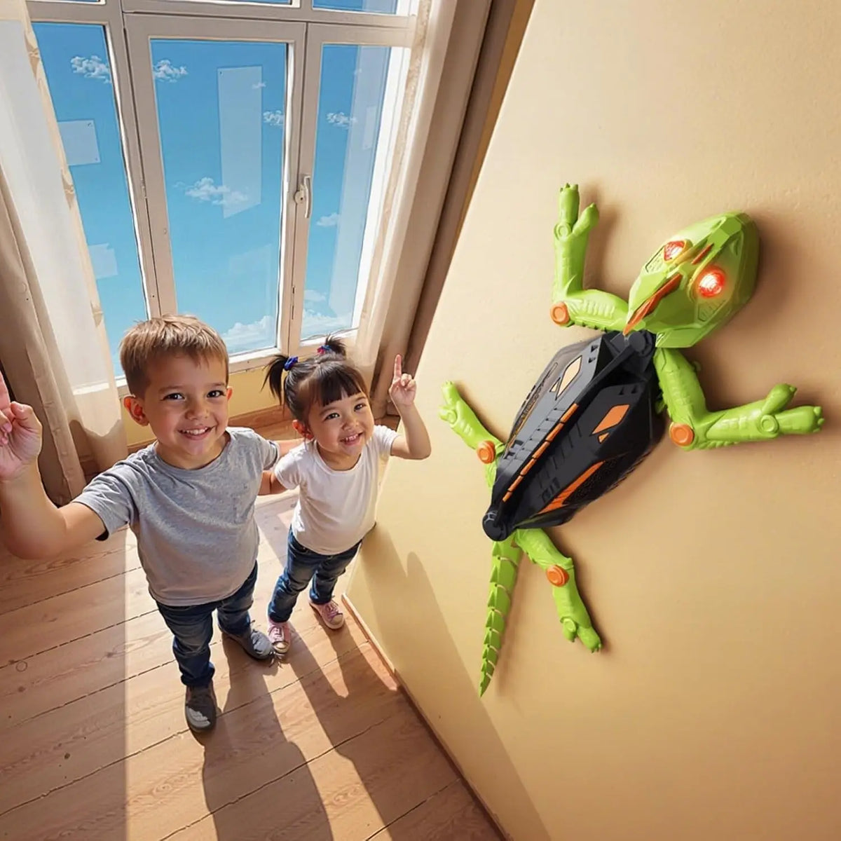Le gecko grimpe au mur devant les enfants