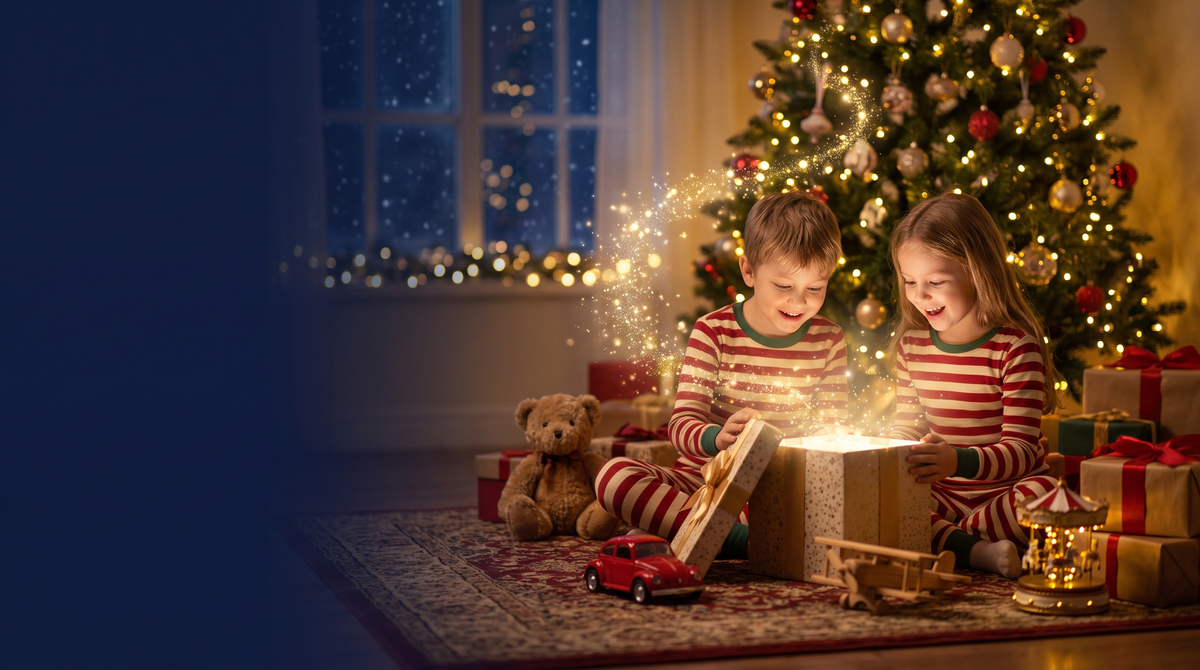 Deux enfants en pyjama ouvrent un cadeau magique au pied du sapin de Noël